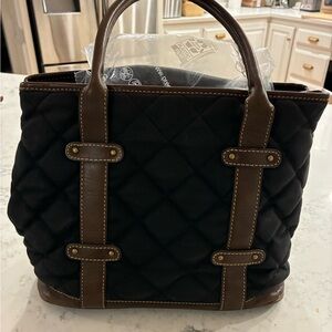 J.Crew Quilted Black Tote Bag with Brown Leather Trim